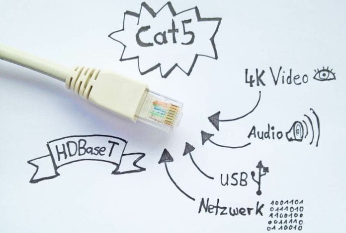 HDBaseT vereint HDMI, LAN, USB und Stromanschluss mit einem handelsüblichen CAT 5 Kabel