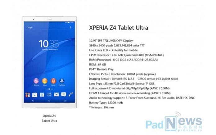 Sony Xperia Z4 Ultra Tablet mit 13 Zoll 4K Display