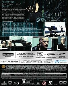 Die Rückseite der Matrix 4K Blu-ray (US-Version) ist mit dem Dolby Vision & Dolby Atmos Logo versehen