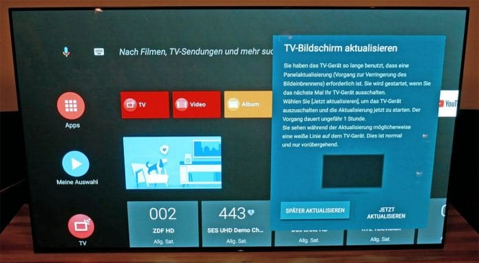 Sony adressiert das Thema "Einbrennen" direkt über das Systemmenü. Im Hintergrund das Android Betriebssystem im "Flat-Style"