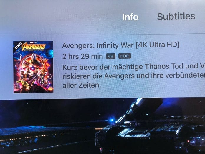 Die Wiedergabe auf dem Apple TV 4K gibt uns die Bestätigung. Avengers: Infinity War wird in 4K/HDR via Prime Video abgespielt