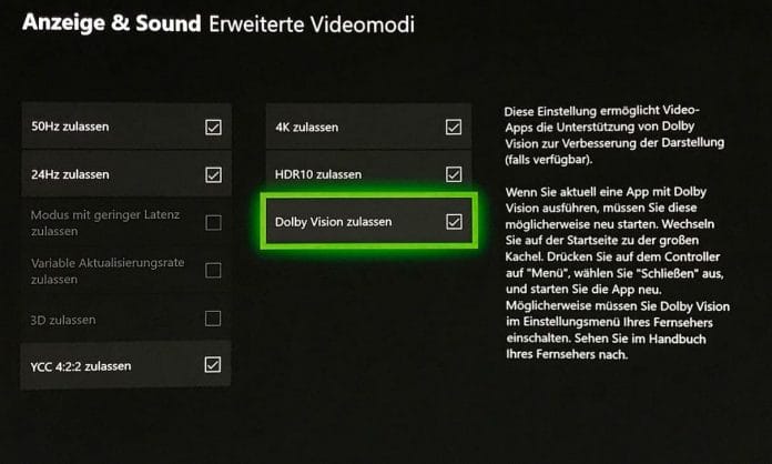In den Bildeinstellungen der Xbox One (S & X) muss nur ein Häkchen gesetzt werden, schon kann Dolby Vision via App ausgegeben werden.