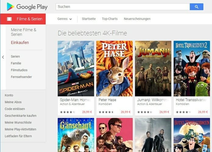 Die Auswahl an 4K Filmen im Google Play Store ist mit 39 Titeln von Sony Pictures doch recht übersichtlich