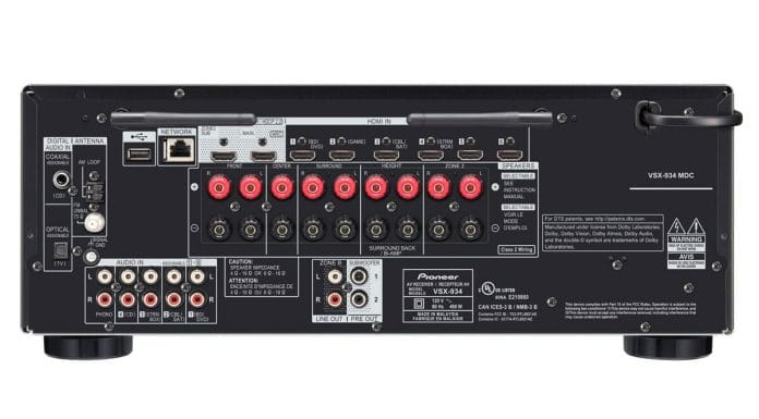 Anschlüsse des VSX-934 mit allen wichtigen Anschlüssen. Neben 6 HDMI-Eingängen gibt es im 2019-Modell auch zwei Ausgänge