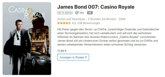 "James Bond 007: Casino Royale" und weitere James Bond 4K Filme sind über den iTunes Leak im Netz gelandet