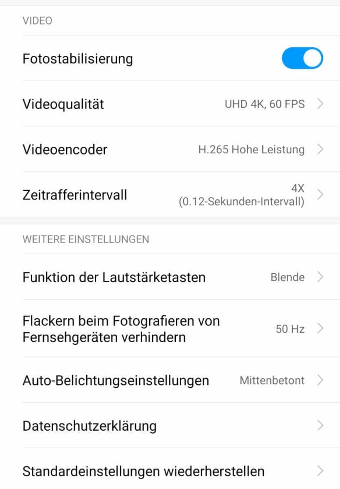 Einige der Video-Einstellungsmöglichkeiten beim Xiaomi Mi 9