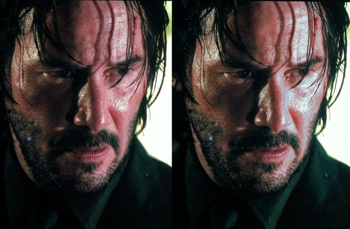 Nahaufnahmen von Schauspielern wie hier Keanu Reeves in John Wick 2 zeigen viel mehr Details (links Standard / rechts AI Upscaling)