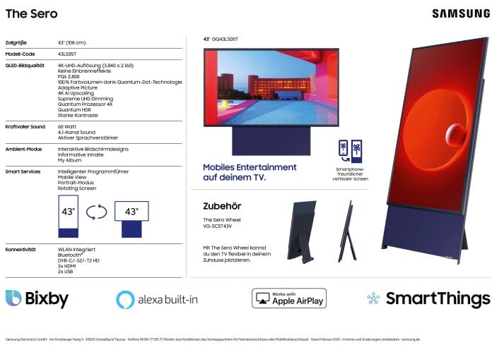 Samsung The Sero 4K QLED TV: Technische Details