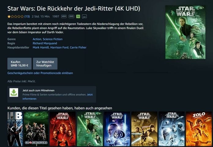Star Wars Episode 1-6 können auf Prime Video in 4K/HDR gestreamt werden