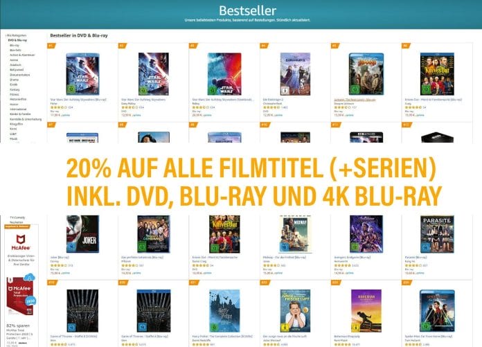 20 Prozent auf alle lieferbaren Filme & Serien auf Amazon.de