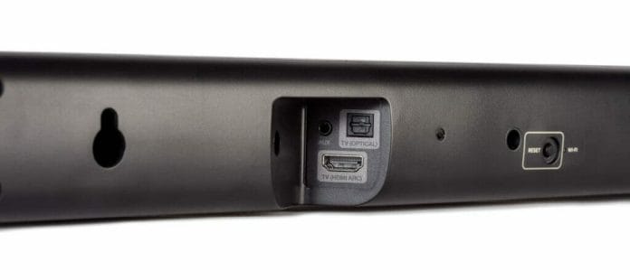 Die Anschlüsse der DHT-S416 Soundbar auf der Rückseite: HDMI (ARC), Digital-Optisch (S/Pdif) und ein Aux-Eingang (3.5mm Klinke)