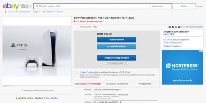 Die PlayStation 5 werden immer noch mit Gewinn auf Ebay.de verkauft. So krass wie zu Beginn der Vorbesteller-Periode ist es jedoch nicht mehr | Bild: ebay.de