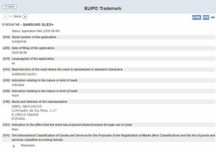 Der Auszug aus dem Antrag bei der EUIPO für die Wortmarke "SAMSUNG QLED+"