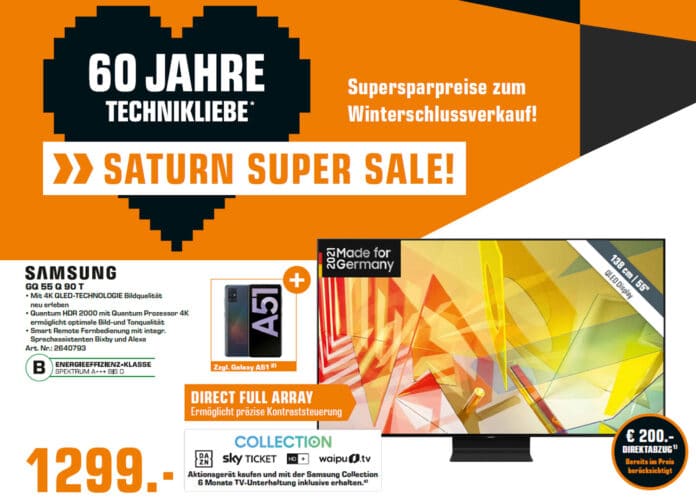 Den Samsung 4K QLED TV Q90T mit 55 Zoll inkl. Galaxy A51 gibt es zum Bestpreis von 1.299 Euro!