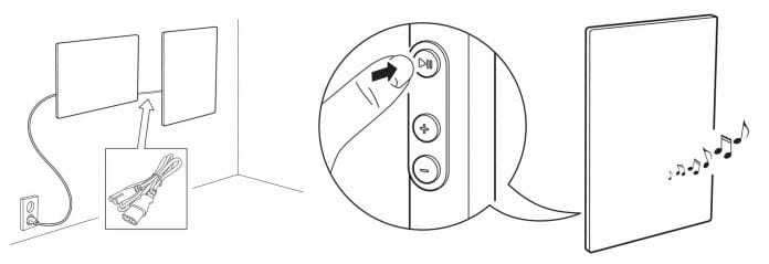 Die Symfonsik Bild-Lautsprecher lassen sich "in Reihe" mit Strom versorgen. Daneben die Bedienelemente direkt am Bilderrahmen || Bild. Ikea