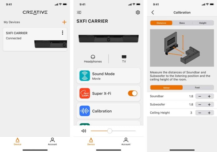 Mit der Creative App (für iOS und Android) kann eine manuelle Kalibrierung der Soundbar + Subwoofer vorgenommen werden