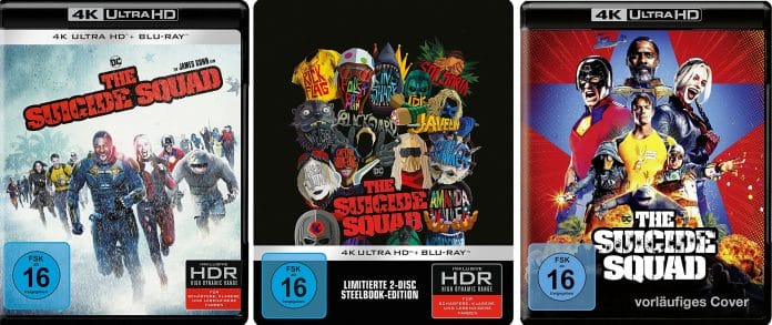 The Suicide Squad 4K Blu-ray als Amaray, 4K Steelbook und das Vorab-Cover (rechts) welches wohl nicht zum Einsatz kommt