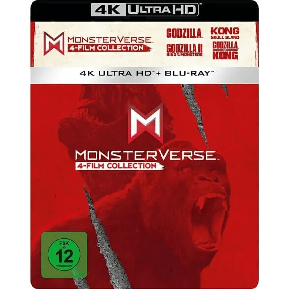 Das Frontcover der Monsterverse 4K Blu-ray Kollektion: Die vier Steelbooks sind in einem Library-Case untergebracht