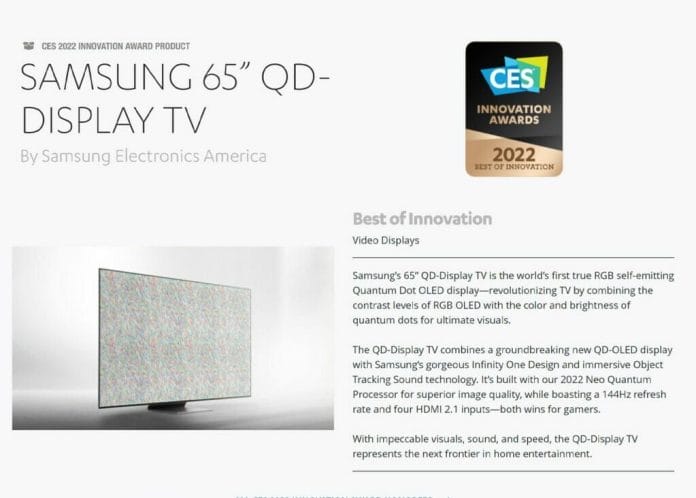 Samsung 65 Zoll QD-Display TV erhält einen CES Innovation Award 2022