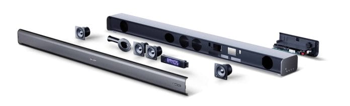 Die Sharp HT-SBW460 Soundbar zerteilt in ihre einzelnen Komponenten