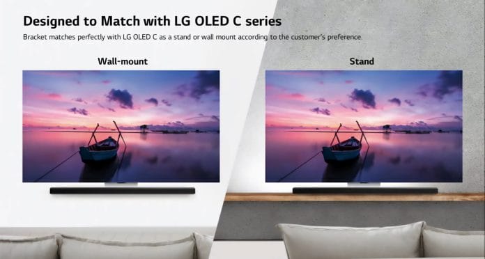 Die SC9 kombiniert mit dem LG C3 OLED TV (2023). Links die Wandmontage rechts fungiert die Soundbar als Teil des Standfußes