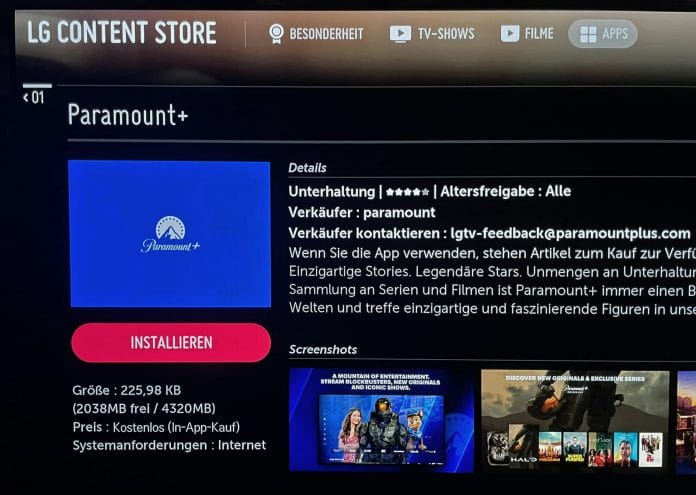 Die Paramount+-App kann jetzt über den LG Content Store installiert werden