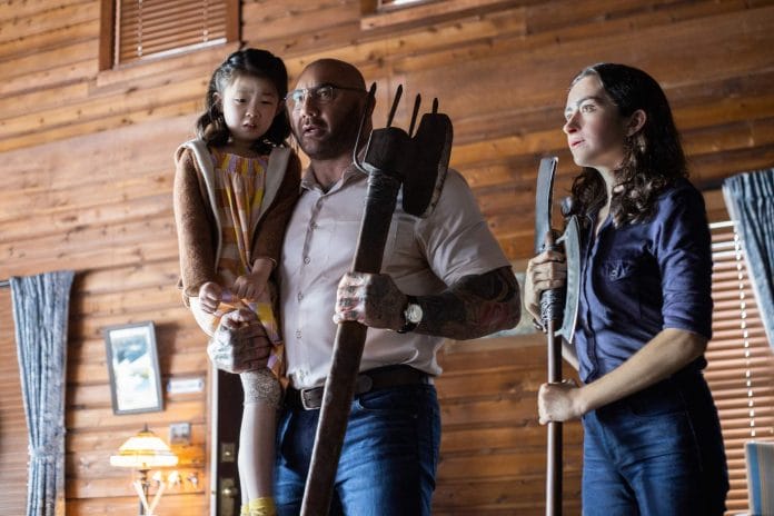 Wen (Kristen Cui), Leonard (Dave Bautista) and Adriane (Abby Quinn) in Knock at the Cabin