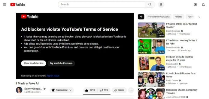 Die Adblocker-Meldung legt sich über den kompletten Videoplayer auf Youtube