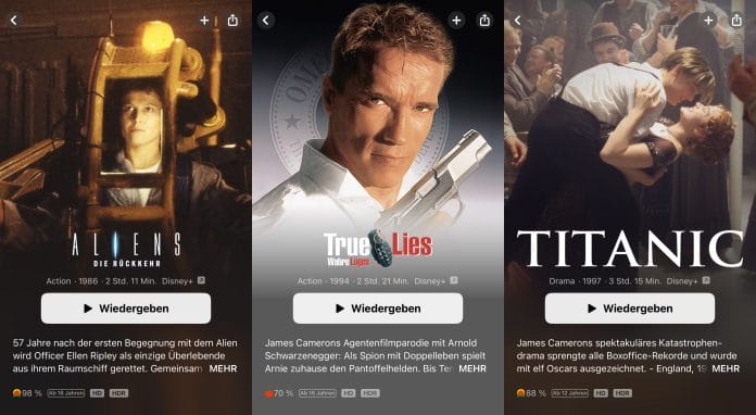 Die deutschen Varianten der 4K Filme auf Apple TV haben zumindest schon ein HDR-Tag erhalten: Aliens, True Lies, Titanic