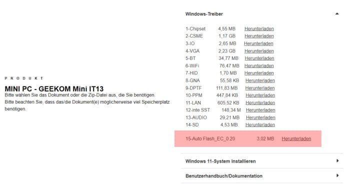 Das Firmware-Update für den Mini IT13 findet ihr, wenn ihr den "Windos-Treiber"-Tab ausklappt