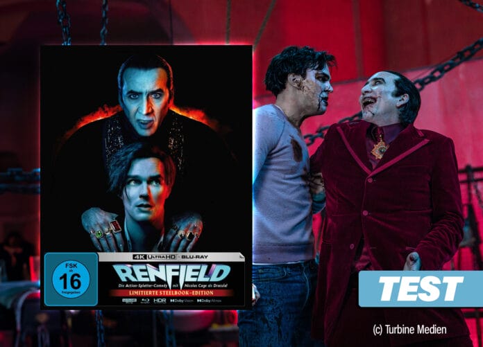 Renfield auf 4K UHD Blu-ray im Test: Dracula (Nicolas Cage) malträtiert seinen Mitarbeiter Renfield