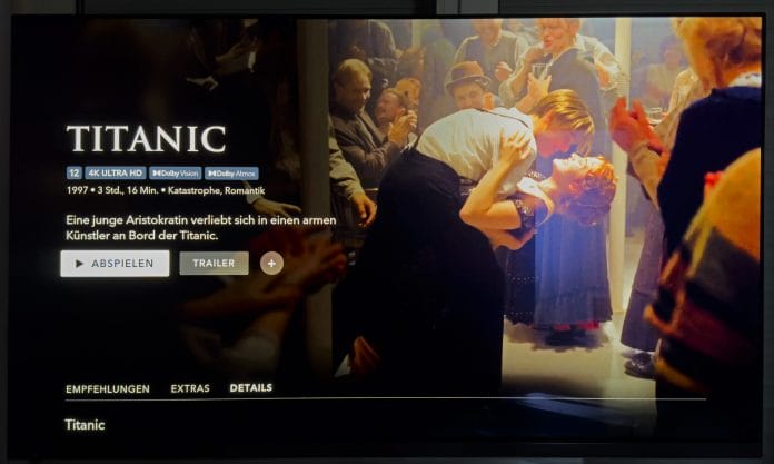 Die Filmdetails zu "Titanic" auf Disney Plus suggerieren Dolby Atmos 3D-Sound. Dieser gilt jedoch nur für den englischen Originalton. 